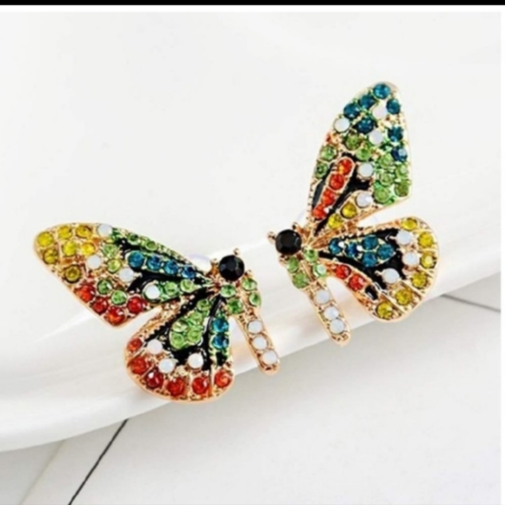 Butterfly multi colored stud earrings - Picture 2 of 4